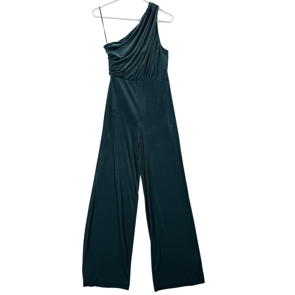 Express Jumpsuit Womens XS Green Velvet One Shoulder Pleated Wide Leg Party NWT